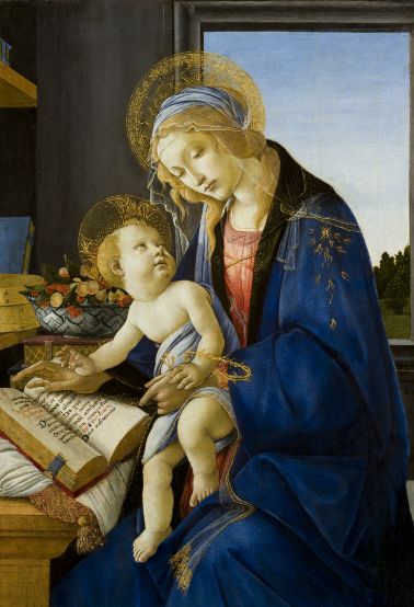 Dipinto rinascimentale che raffigura Maria con manto blu e aureola, tenendo un bambino, anch'esso con aureola, vicino a un libro aperto.