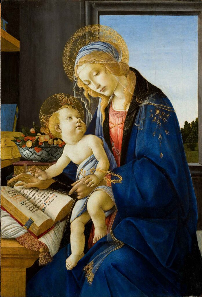 Dipinto Madonna del libro di Botticelli che ritrae una figura femminile e un bambino con aureole, seduti, con un libro e frutta su un tavolo.