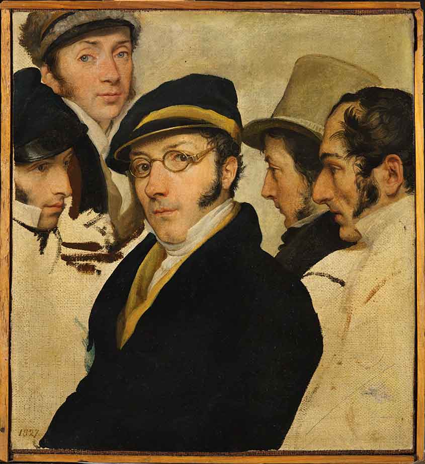Dipinto con cinque persone in abbigliamento d'epoca, ognuna guardando in diverse direzioni, espressioni serie, stile ritratto di gruppo, colori naturali.