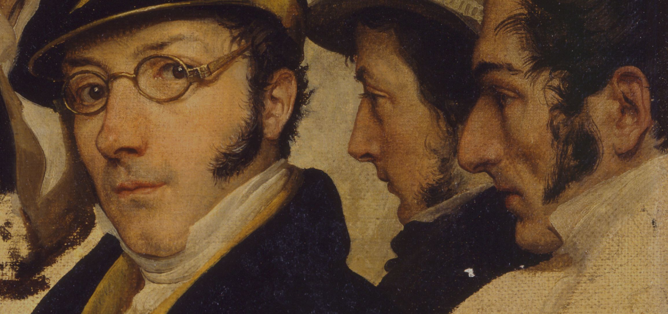 Dipinto di Francesco Hayez dal titolo Autoritratto in un gruppo di amici che raffigura al centro Hayez con un paio di occhiali circondato da un quartetto di amici