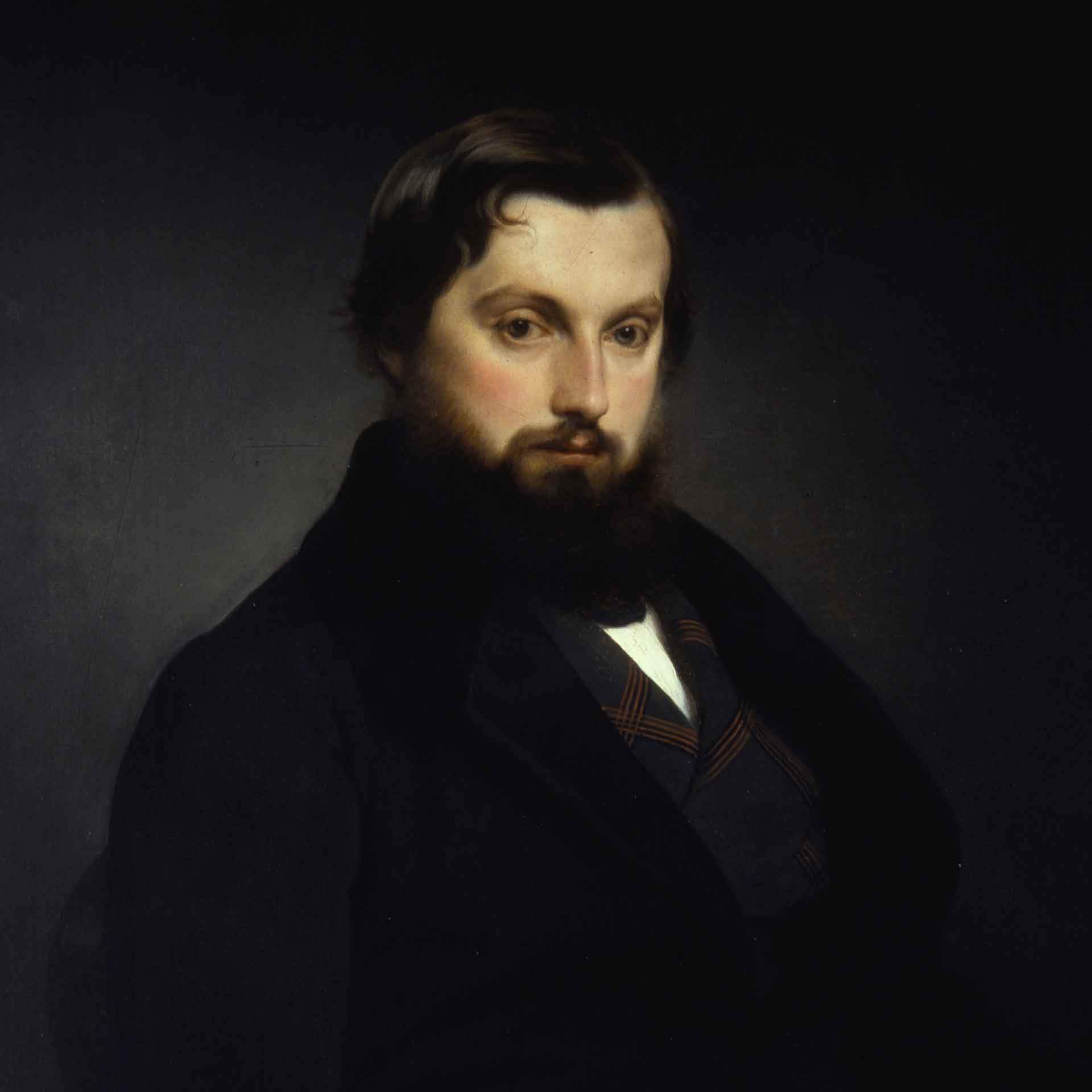 Ritratto di Gian Giacomo Poldi Pezzoli, raffigurato come un uomo con barba, sfondo scuro, elegante, sguardo pensieroso.