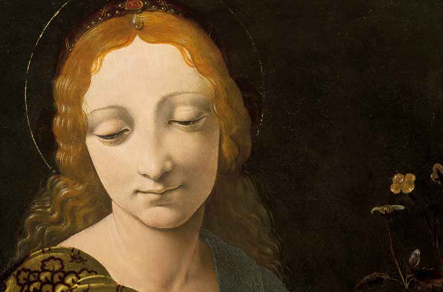 Un dettaglio del dipinto di Giovanni Boltraffio raffigurante il volto della Madonna con aureola, capelli biondi ondulati, espressione serena e abito decorato. 