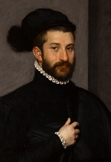 Ritratto di un cavaliere con barba e baffi, indossa un abito nero e un cappello, mostra un colletto bianco e gioielli. Opera d'arte classica.