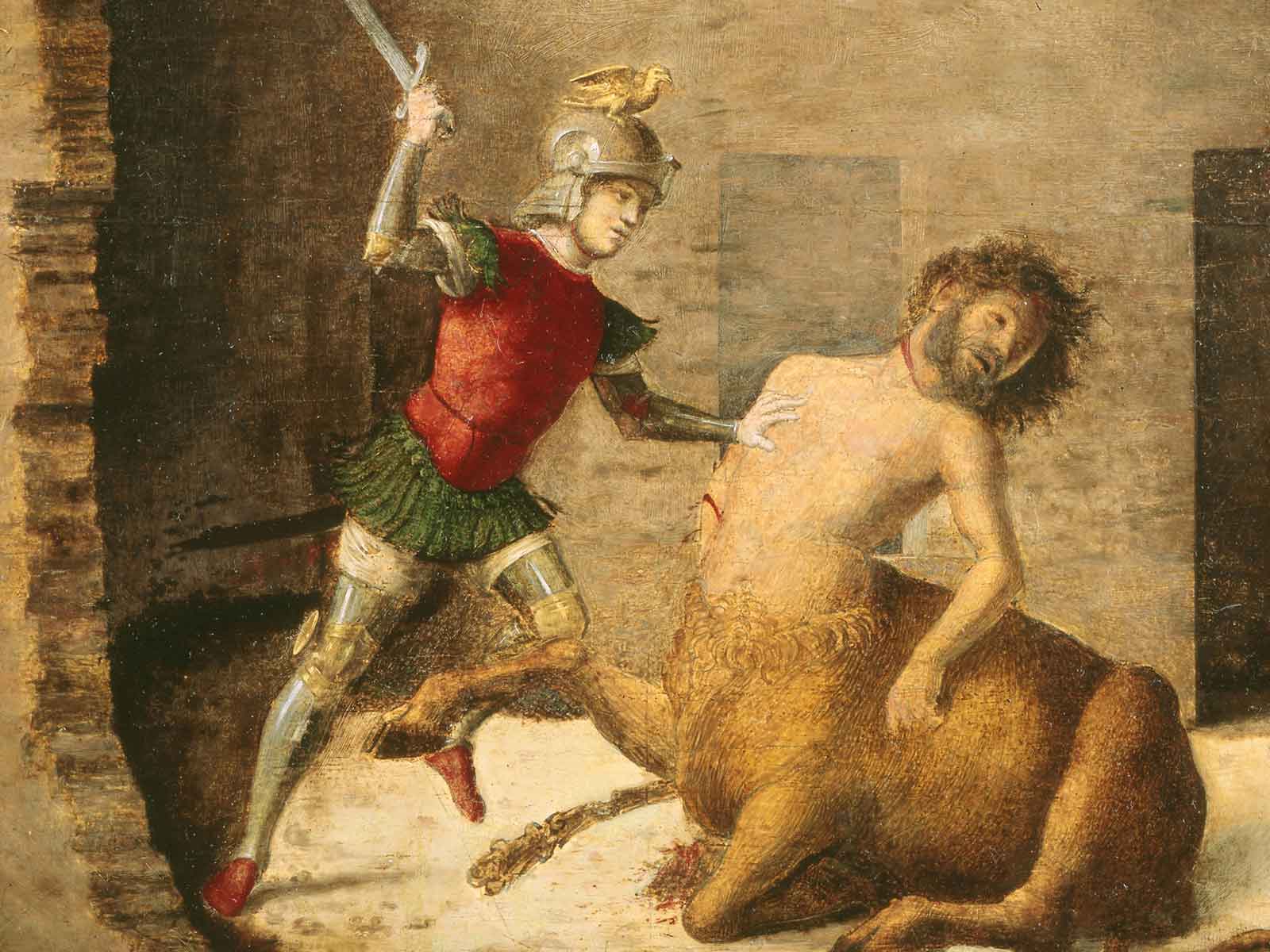 Dettaglio del dipinto Teseo uccide il Minotauro di Cima da Conegliano che raffigura una figura maschile in armatura che sta colpendo un minotauro.