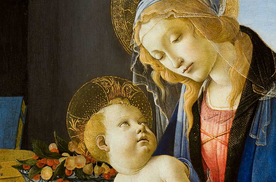 Un dettaglio del Dipinto Madonna del Libro di Botticelli con una figura materna e un bambino, entrambi con aureole.