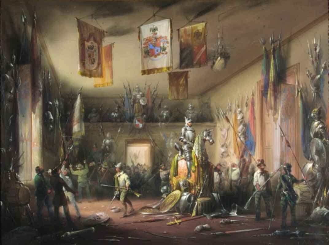 Il dipinto L’armeria del nobiluomo Uboldo invasa dagli insorti milanesi per provvedersi delle armi, 19 marzo 1848 di Carlo Bossoli ritrae una stanza con armature e bandiere appese. 