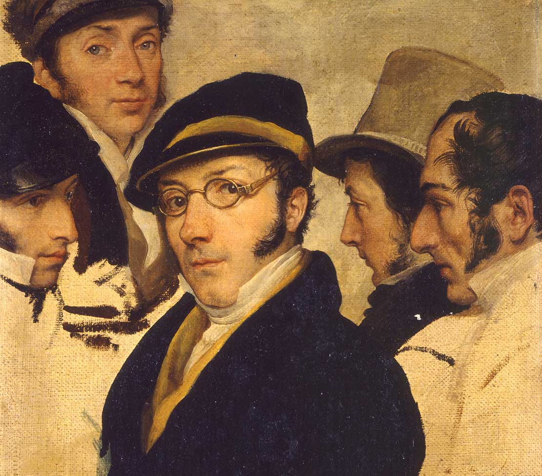 Dipinto di cinque persone in abiti d'epoca con cappelli. Guardano in direzioni diverse, esprimendo diverse emozioni. 