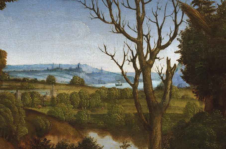 Un dipinto ritraente un paesaggio tranquillo con alberi spogli, una distesa d'acqua, colline lontane, e un cielo delicatamente nuvoloso.