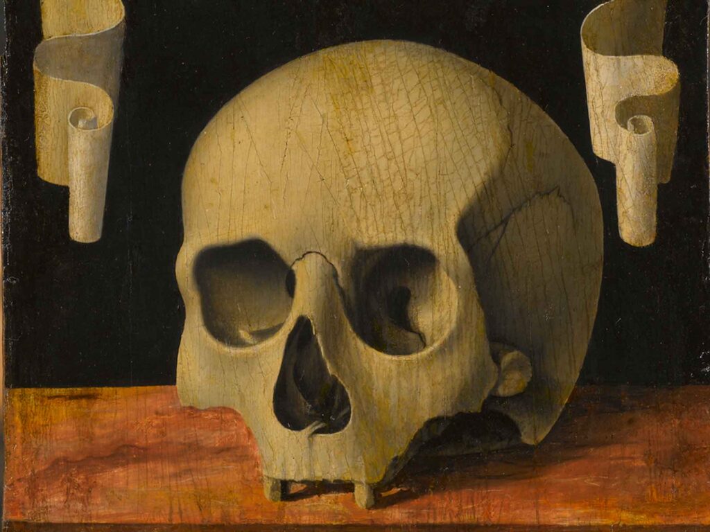 Memento mori retro del Ritratto di uomo di Andrea Previtali