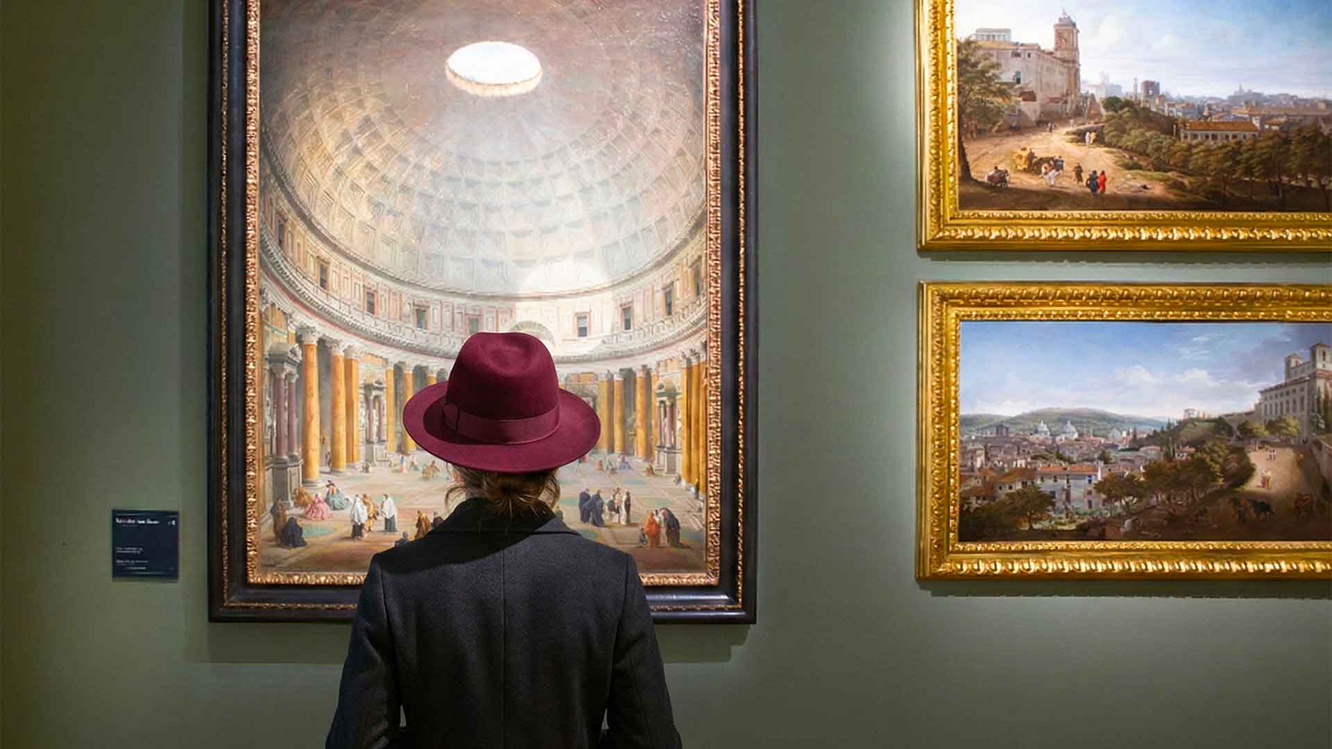sala della mostra meraviglie del grand tour con Interno del Pantheon di Panini