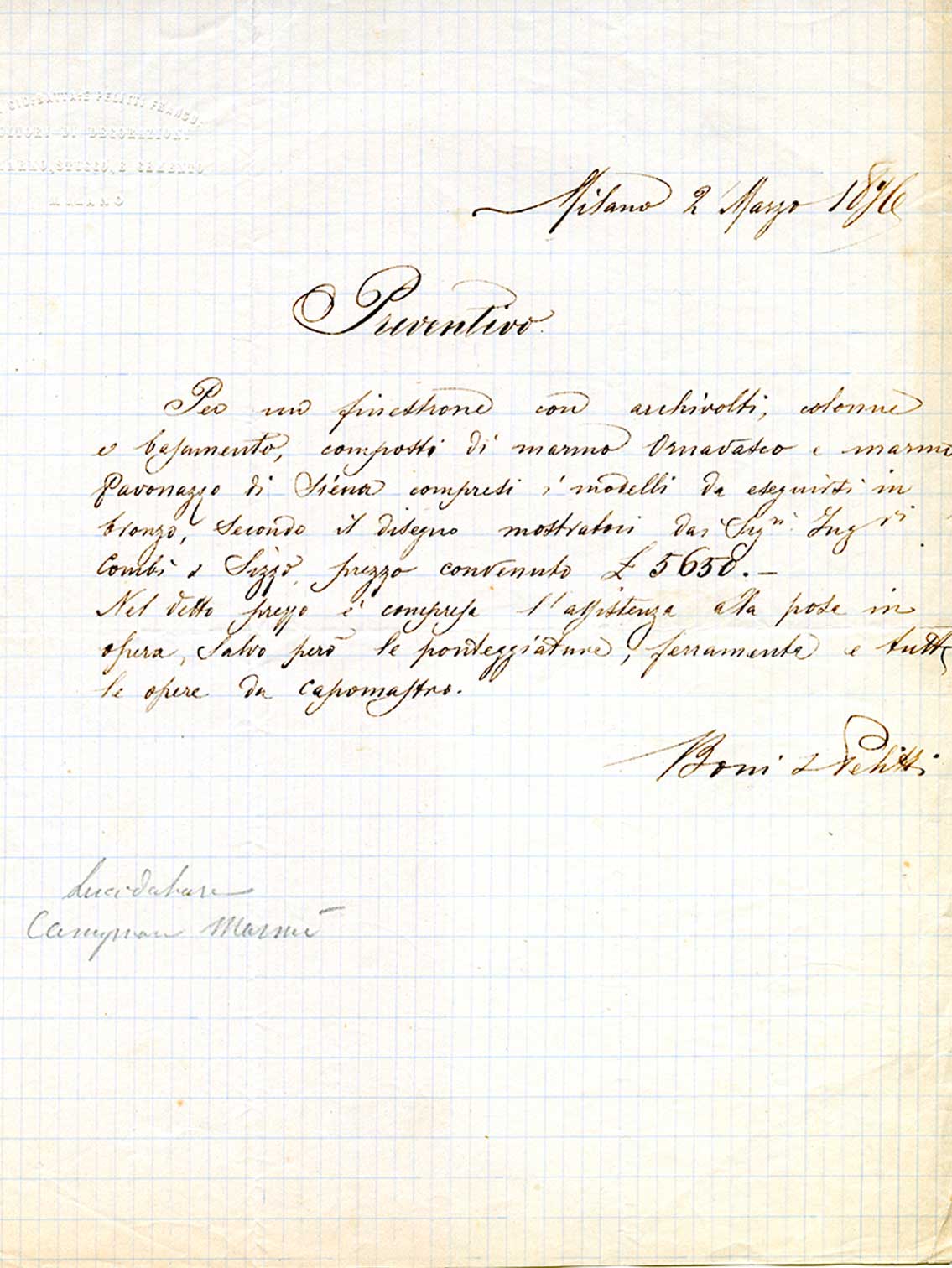 Il preventivo della serliana a firma di Boni e Peletti, 2 marzo 1876